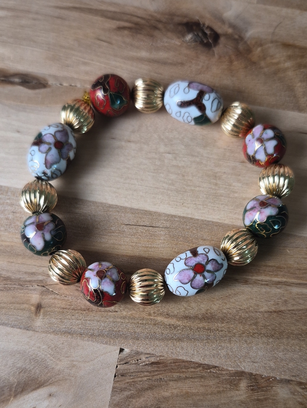 Cloisonné Floral Stretch Bracelet - Gold, White, Red, Green, Pink